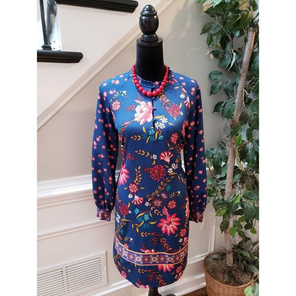 Loft Wildflower Satin Shift Dress Women's Size M Blue Collered Button Down - Picture 1 of 12